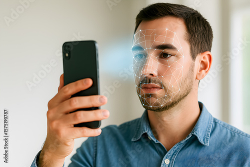 Man Using Smartphone for Facial Recognition Biometric Authentication