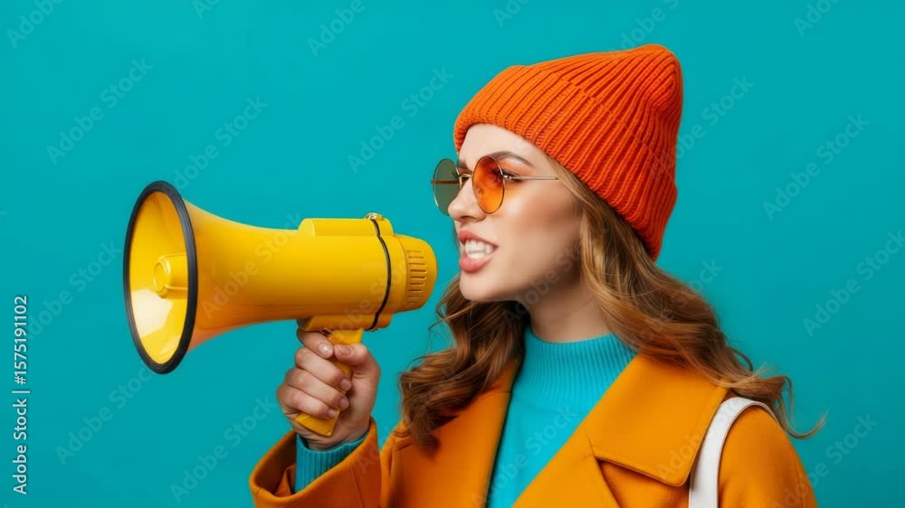A stylish woman shouts into a yellow megaphone, making a bold announcement with retro flair against a vibrant blue backdrop