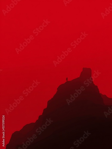 Red monochrome solitary figure on mountain