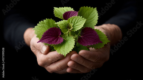 Senior man's hands holding fresh perilla or shiso leaves on black background.