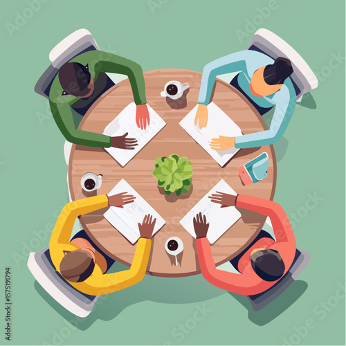 people seated around circular table icon in flat design symbolizing inclusivity, collaboration, and shared voices
