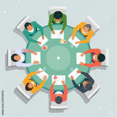 people seated around a circular table icon in flat design representing inclusivity, collaboration, and shared voices