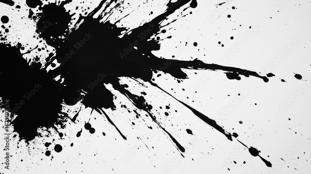 Obraz premium Dark ink splatter texture, urban grunge aesthetic, heavy black paint drops, distressed surface details, abstract monochrome pattern, high contrast stains, rough artistic overlay, industrial style