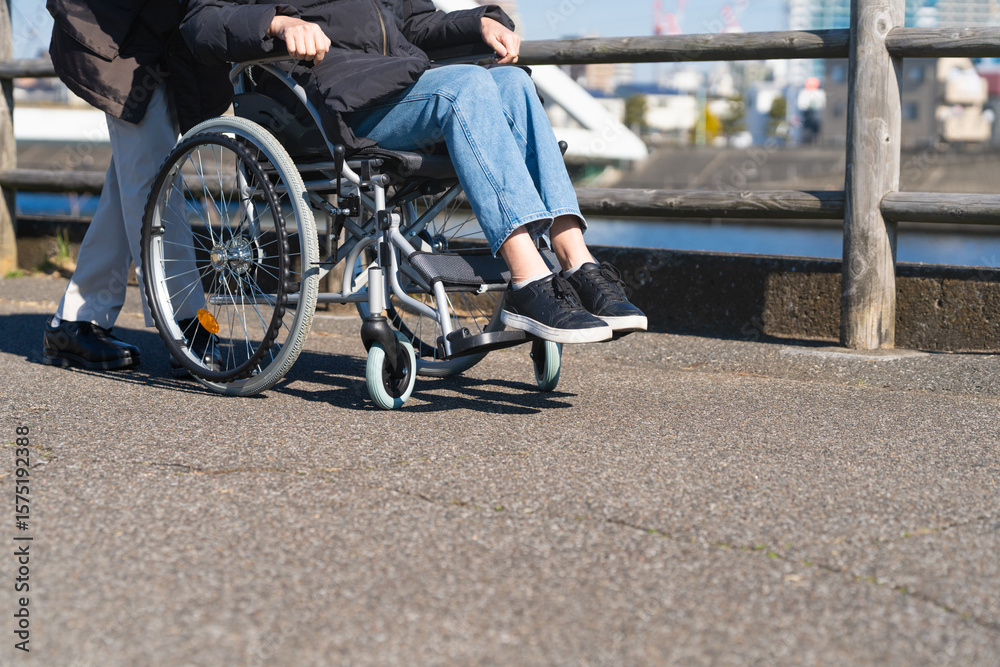 Obraz premium 車椅子を押して散策する熟年夫婦