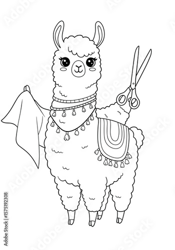 Llama fashion designer holding scissors and fabric in cute style  . From the collection of coloring pages for children "Animals in Professions".