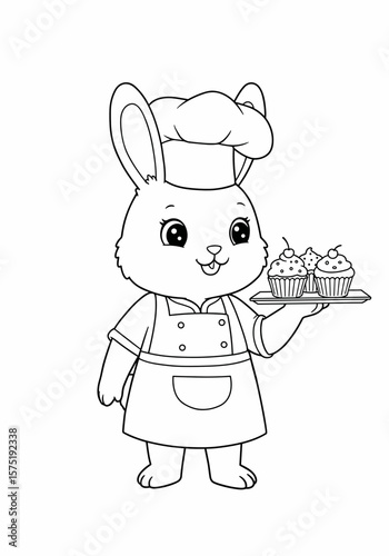 Rabbit chef holding tray of cupcakes in coloring book style, concept of children's coloring "Cute Animals in Professions"  