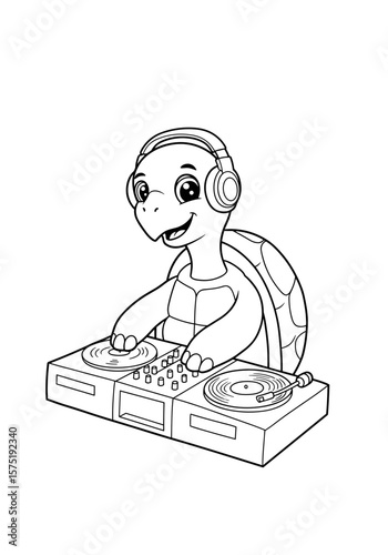 Turtle DJ with headphones mixing music at a record player - Concept of coloring for kids "Cute animals in professions"  