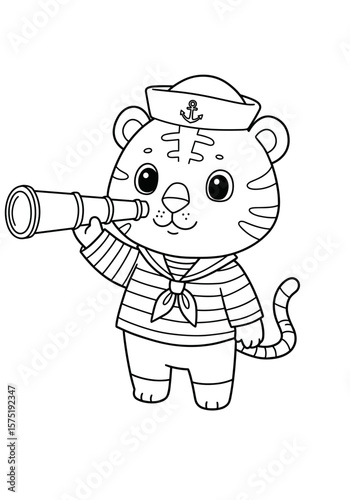 Tiger sailor wearing a cap and holding a telescope. Part of the collection of coloring pages for children "Animals in Professions" 
