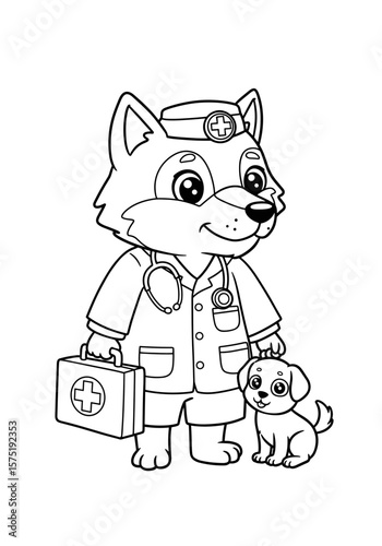A wolf vet holds a first aid kit and a small puppy. Part of the collection of coloring pages for children "Animals in Professions Coloring "