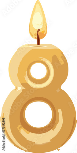Number 8 Candle Isolated on White Background – Realistic Wax Texture with Visible Wick and Minimal Shadows