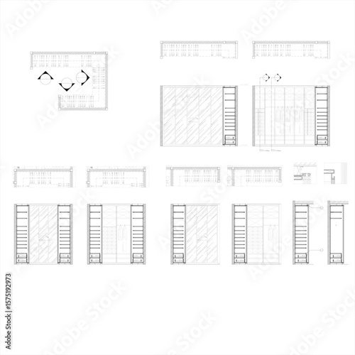 2D Wardrobe Design Drawing – AutoCAD Vector with Door Elevation, Section, and Internal Details