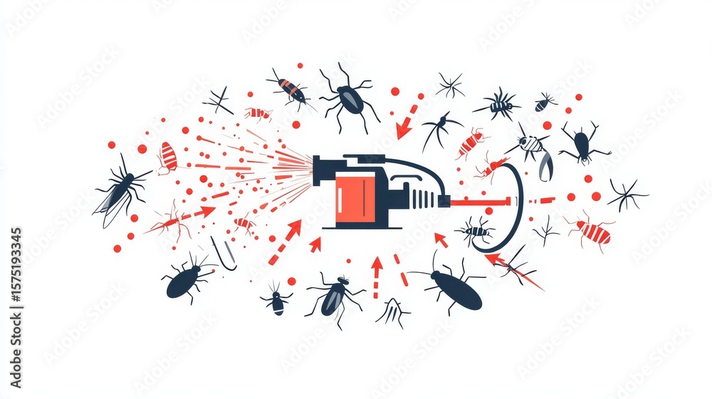 Obraz premium modern vector graphic representation of pest extermination, a pesticide pressure sprayer in the center with toxic fumes spreading outwards, surrounding insects such as cockroach, fly, moth, and