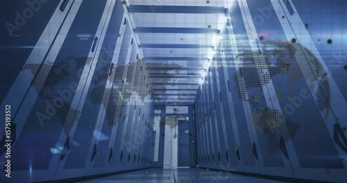 Opening data center corridor, world map appearing then code streams drifting visualizing data flow