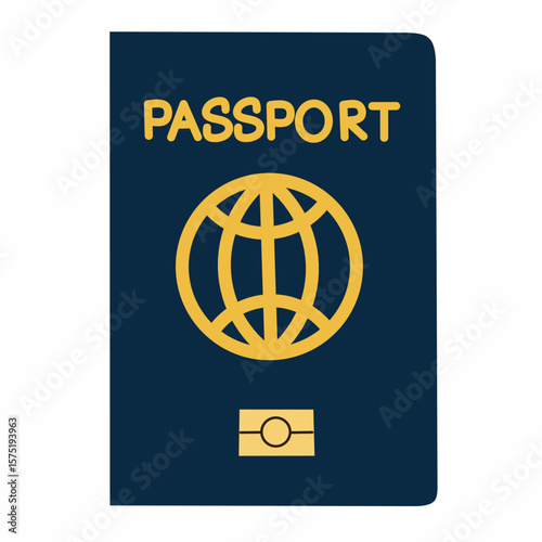 A blue global passport with biometric symbol in flat cartoon style.
