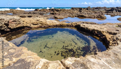 Coastal rock pool reflecting sky