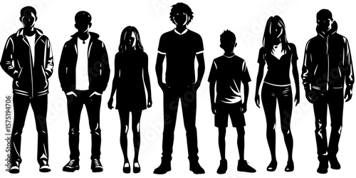Silhouettes of a mixed-age group including adults and teens standing together casually.

