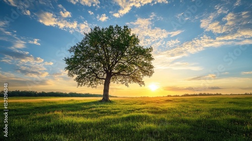 A single tree stands tall in a field at sunset, with golden light illuminating the grass and a dramatic sky above.