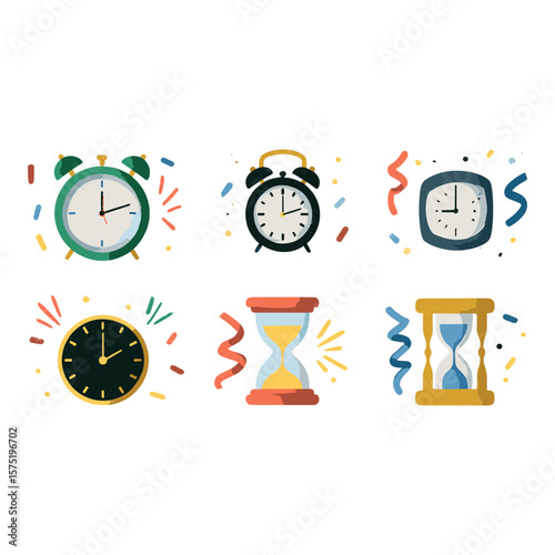 Diverse Clocks and Hourglasses Icon Set with Celebration Elements