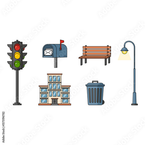 Flat Design Urban Infrastructure Elements Vector Illustration Set