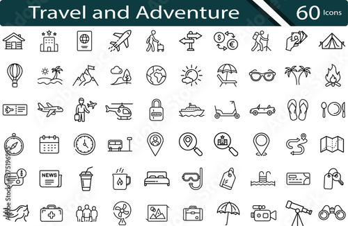 Essential Travel and Adventure Icon Set for Vacation, Tourism, and Exploration.
