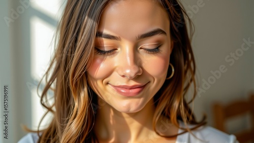 Meditation for students under pressure helps young woman find calm and peace with closed eyes and gentle smile in soft natural light