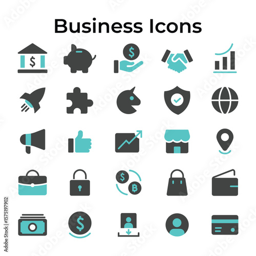 Flat vector business icon set: finance, analytics, document, device, and more