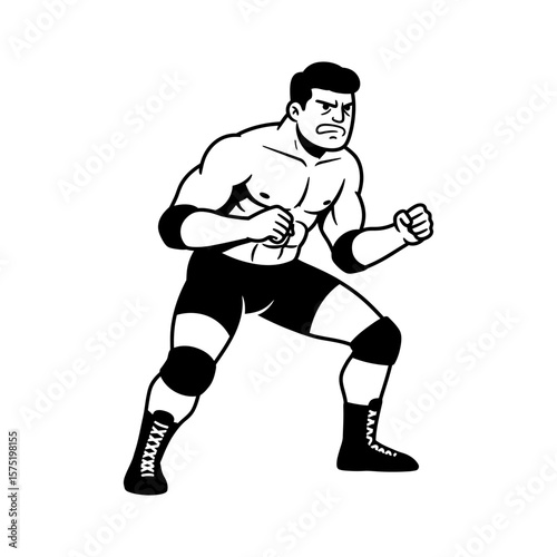 Wrestler vector illustration of a strong cartoon fighter in crouch pose, wearing knee pads