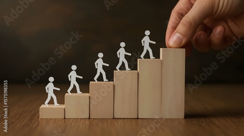Conceptual image of human development, leadership, and career growth showing paper cutout figures ascending wooden blocks as a hand places the final step, symbolizing success and support.

