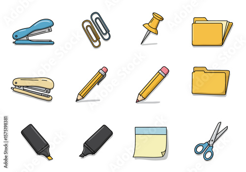 An illustration of office supplies arranged in a grid pattern