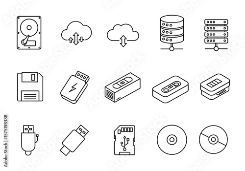 Array of computer storage icons hard drive clouds USB SD card  disc
