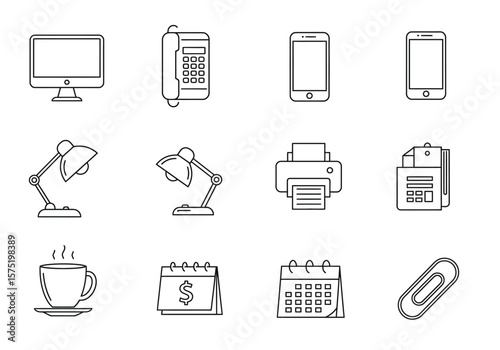 Array of desk icons screen phone fax lamps printer calendar coffee paperclip