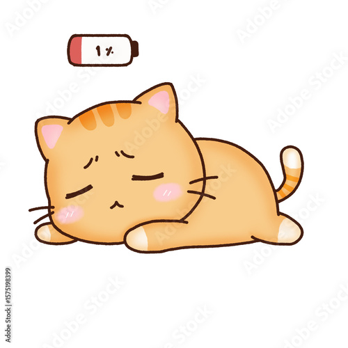 Cute tired orange cat with low battery.