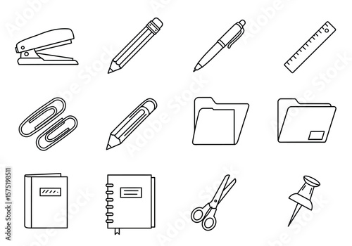 Black  white line art shows officeschool supplies including pens folders stapler scissors ruler clips  pencils