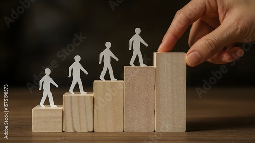Conceptual image of human development, leadership, and career growth showing paper cutout figures ascending wooden blocks as a hand places the final step, symbolizing success and support.

