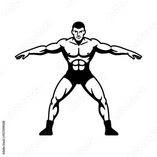 Wrestler vector of a muscular cartoon man posing with arms stretched to sides confidently