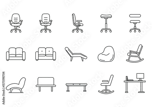 Fifteen furniture item icons various chairs sofas and a desk