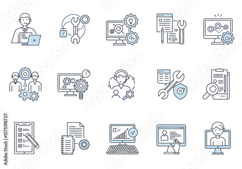 Fifteen line art icons depicting technology support and maintenance services