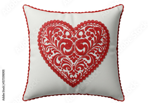 White square pillow with red embroidered heart and scalloped edging isolated on transparent background