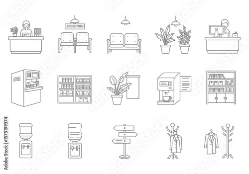 Office lobby outline icons reception seating plants machines water coolers signs and coat racks