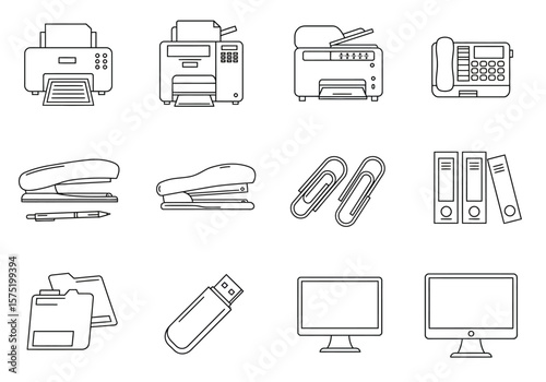 Office supplies and devices are arranged in a grid