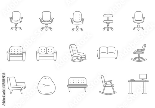 Outline drawing of diverse seating including chairs sofas beanbag and desk rendered in a simple uniform style