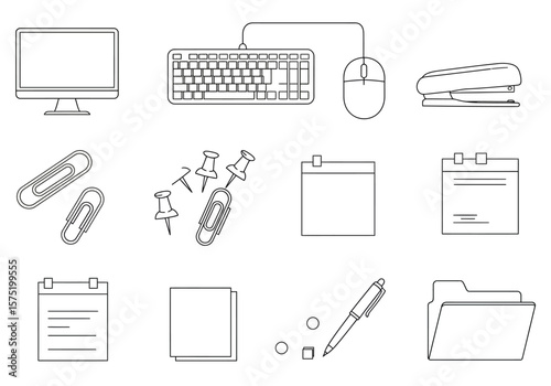 Outline of office supplies monitor keyboard mouse stapler paper clips pins notepads pen folder