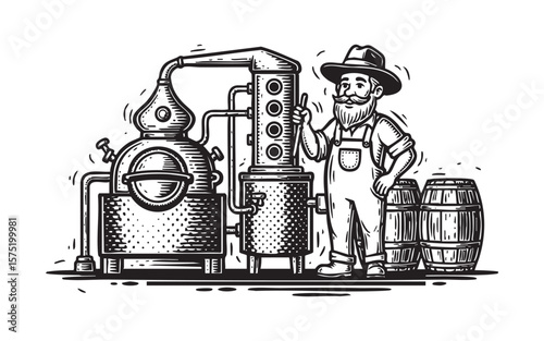Vintage Moonshiner with an Alcohol Still and Barrels
