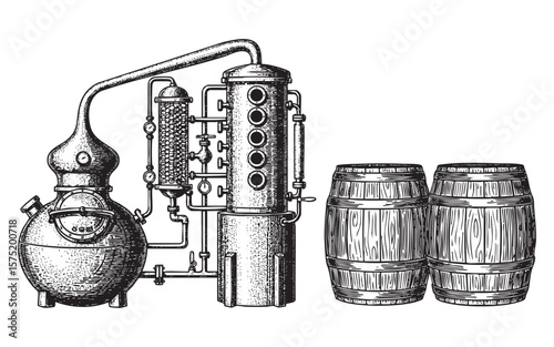 Copper Pot Still with Wooden Barrels for Whiskey Vector Engraving