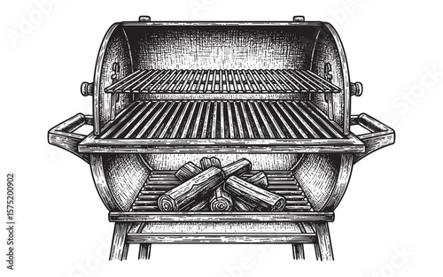 Open Barrel Charcoal BBQ Grill with Utensils Vector Engraving