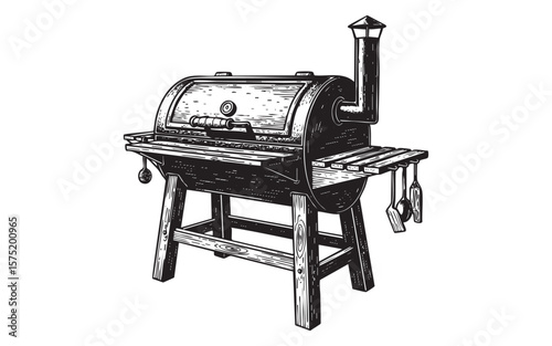 Vintage Barrel Smoker BBQ Grill with Wooden Stand Vector Engraving