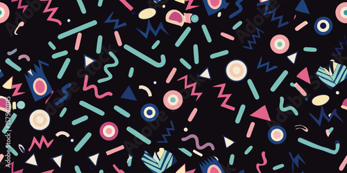Retro Memphis Style Geometric Pattern With Circles Triangles And Zigzags abstract background