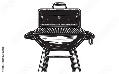 Open Barrel Charcoal BBQ Grill with Utensils Vector Engraving