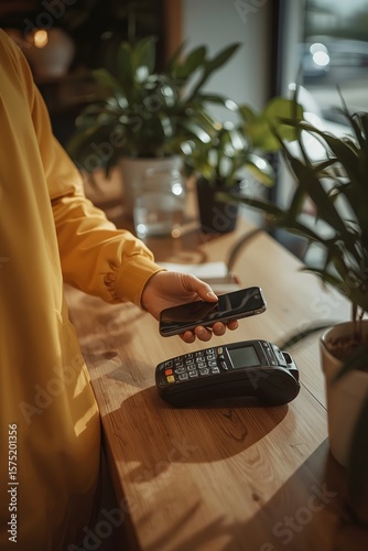 Contactless mobile payment transaction at a cozy cafe counter with modern wireless technology. A customer pays by smartphone near a terminal, surrounded by indoor green plants.

