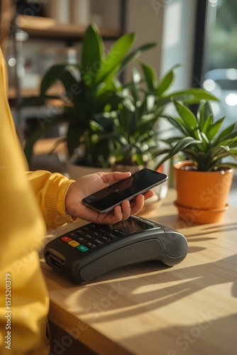Contactless mobile payment transaction at a cozy cafe counter with modern wireless technology. A customer pays by smartphone near a terminal, surrounded by indoor green plants.

